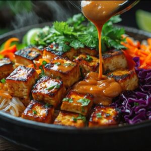 Vegánska miska s ryžovými rezancami, tofu a krémovou arašidovo-kokosovou omáčkou