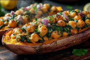 Vegan plnené sladké zemiaky s cícerom a omáčkou z vlašských orechov a bylín