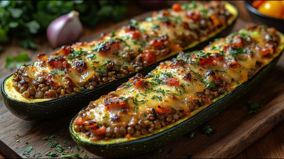 Vegánske cuketové člny s náplňou z šošovice. Jednoduchý a zdravý recept z rúry