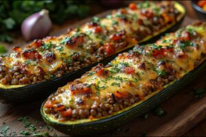 Vegánske cuketové člny s náplňou z šošovice. Jednoduchý a zdravý recept z rúry