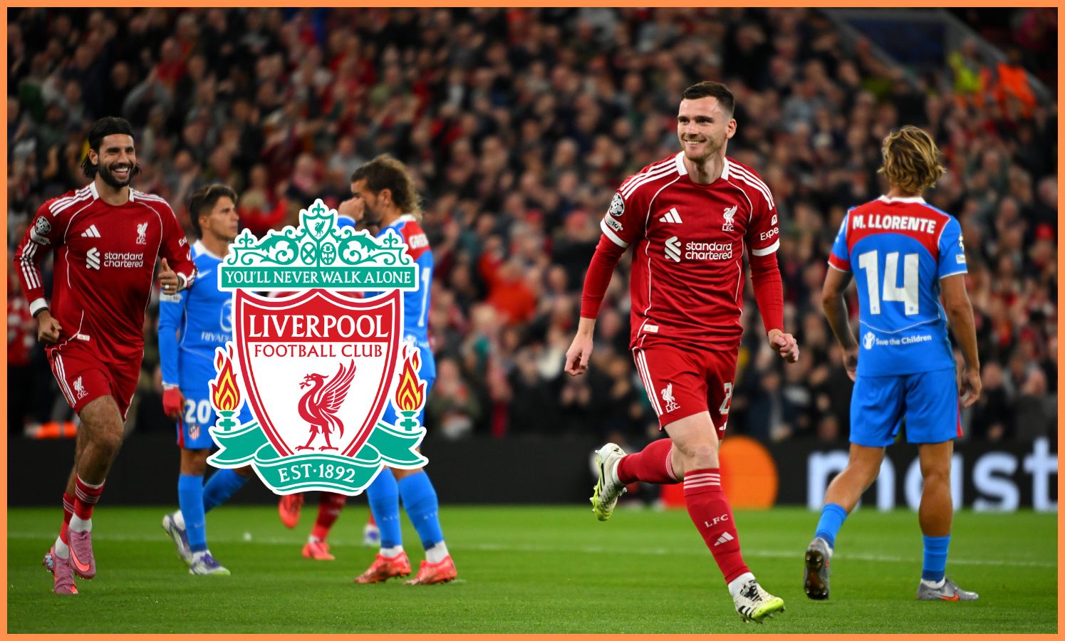 Andrew Robertson žartuje po tom, čo strelil gól proti Atleticu Madrid.